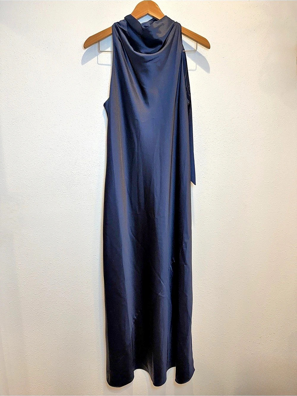Anne Klein Sleeveless Cowl Neck Maxi Evening Dress Blue S 12 Scarf Satin Fabric